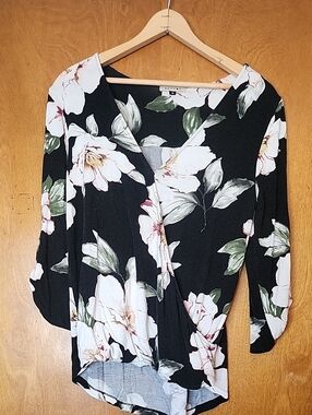 Black Floral Wrap Top with White & Green Print